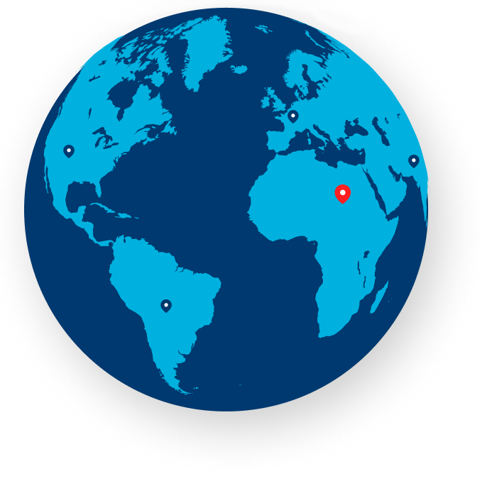 An image of a globe with a series of blue location pins on it. A red pin is on Africa