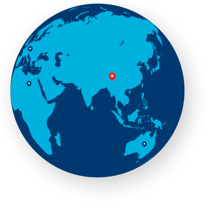 An image of a globe with a series of blue location pins on it. A red pin is on Asia